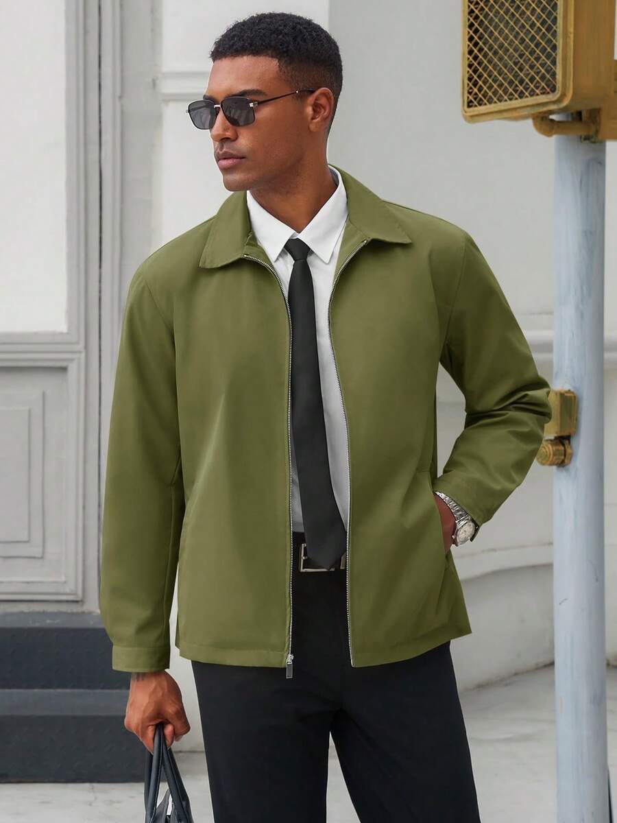 Runcati Mens Full Zip Lightweight Windbreaker Business Casual Fall Golf Coat Jacket With Pockets - xanh quân đội - Xem 1