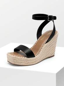 Women's Espadrille Wooden Heeled Wedge 4.17-Inch Platform Sandals Open Toe Adjustable Buckle Ankle Strap Comfortable Fashion Dressy Summer Shoes - 黑色 - 查看 6