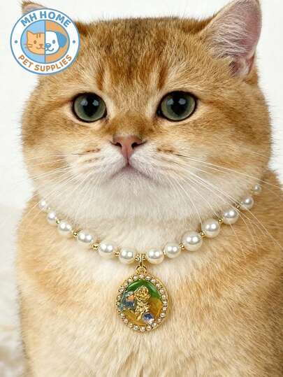 一件式宠物复古宫廷风格高光泽珍珠项链，法式玫瑰心形饰品，狗链，猫项圈，维多利亚风格狗项圈，复古仿珍珠猫项链，法式玫瑰心形吊坠，高光泽仿珍珠宠物饰品，皇家宫廷风格宠物项圈