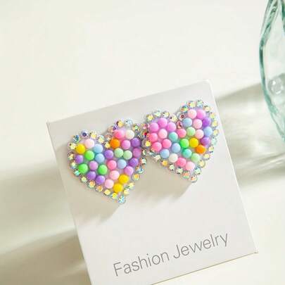New Spring/Summer Fashion Dopamine Colorful Beaded Rhinestone Star & Heart Stud Earrings, Suitable For Women, Parties, Gatherings, Valentine's Day Gifts