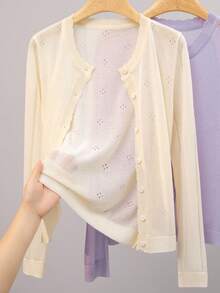 GIGOGOU 女士轻薄针织开衫，休闲透气长袖，春夏款 - 杏色 - 查看 3