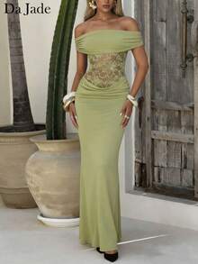 Da Jade Women's Elegant Off Shoulder Solid Color Contrast Lace Bodycon Dress - Green - View 1