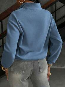 Women's Solid Color Drop Shoulder Long Sleeve Zip-Up Half Placket Casual Hoodie,Summer/Spring - 藍色*新春升級款 - 查看 3