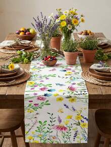 1pc-Spring Wildflower Table Runner: Watercolor Floral & Butterfly Print Design – Durable Polyester Fabric Ideal For Dining Table/Coffee Table/Outdoor Picnic Decor, Easter Holiday Gathering Accent & Spring Seasonal Home Decoration - Multicolor - View 2