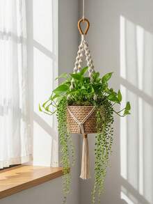 3件套手工编织植物吊篮，室内悬挂式花盆架，带木珠，装饰性花盆架，带流苏，不含花盆 - 白色 - 查看 11