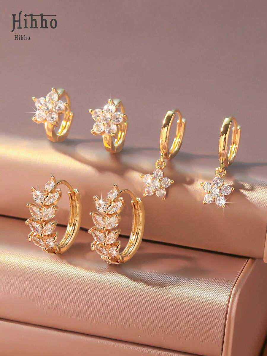 Hihho Set de 6 piezas de aretes tipo cuff con flores y espigas minimalistas con circonita cúbica brillante, un regalo de joyería de lujo - Dorado - Ver 1