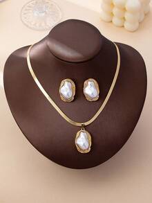 3件套时尚百搭蛇形链不规则珍珠吊坠项链耳环套装，适合少女日常及节日佩戴 - 金黃色 - 查看 2