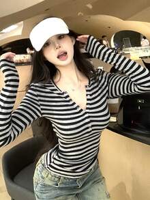 韩版条纹T恤打底衫，修身长袖上衣 - 灰色 - 查看 3