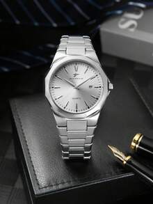 1pc Men's Quartz Watch, Octagonal Case Design, Full Steel Material Suitable For Commute And Daily Wear, Showcasing Understated Elegance - Silver - View 7
