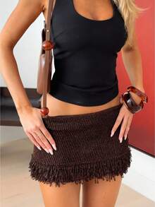 Women's Y2K Crochet Knit Mini Skirt Low Waist Frayed Hem Fringe Bodycon Summer Going Out Cover Up Short Skirt - Màu nâu Sô-cô-la - Xem 1