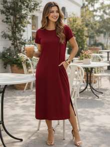 Women's Midi Dress With Pockets Round Neck Everyday Loose Fit - 紅色 - 查看 9