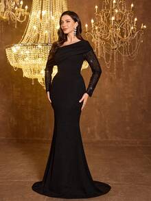 UNITHORSE Women's Elegant Ruched Foldover Asymmetrical Shoulder Sequin Mesh Sheer Long Sleeve Fishtail Hem Formal & Evening Dress - Black - View 4