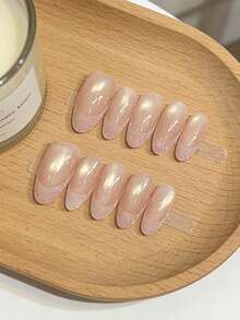 10 PCS Glowy Sheer Pink Press-On Nails Handcrafted Minimalist Almond Shape Fake Nails For Office & Date - Multicolor - View 4