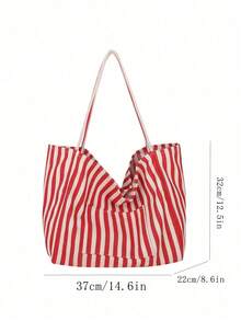 Retro Chic Striped Canvas Tote Bag, Korean Style, Casual Large Capacity Shoulder Bag For Women, Suitable For Travel And Vacation - Red - View 2