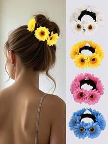 2 chiếc dây buộc tóc nữ phong cách Bohemian màu xanh dương, vàng, hồng, tím họa tiết hoa cúc và hoa hướng dương, phù hợp cho sử dụng hàng ngày, dự tiệc, đi biển, mùa xuân và hè. Dây buộc tóc, chun buộc tóc, dây chun co giãn, phụ kiện tóc tại nhà. - Nhiều màu - Xem 14