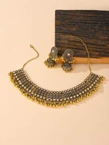 3件套复古南亚风格女士首饰套装，多层叠戴水钻项链耳环套装，适合女士日常或派对佩戴，宴会首饰礼品 - 古金色 - 查看 3