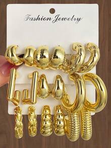 18件套不对称金属C形耳环套装，夸张的欧美时尚风格，轻盈奢华的极简个性化设计，2026年热销款 - 金黃色 - 查看 1