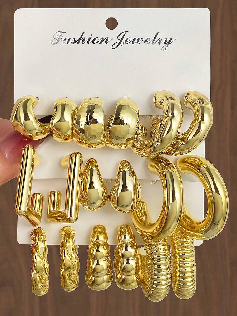18件套不对称金属C形耳环套装，夸张的欧美时尚风格，轻盈奢华的极简个性化设计，2026年热销款 - 金黃色 - 查看 1