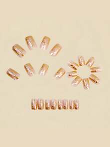 24片中号方形假指甲，金色3D浮雕镀金，全覆盖可卸美甲套装，适合女性参加派对、舞会和日常佩戴 - 金色 - 查看 2