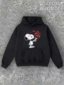 SNOOPY Dog Valentine's Day Flower Confession Pattern Printed Couple Street Casual Fashion Hoodie, Loose And Comfortable Street Style Long Sleeve Home Style, Soft Cotton Blended Men's And Women's Warm Winter Clothing, Couple's Clothing - 男款黑色 - 查看 2