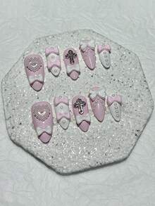 10pcs Y2K Baddie Bow Pearl Cute Pink & White Handmade Press-On Nails With Heart Cross Kawaii Art False Nails Manicure Supplies (1pc Jelly Sticker + 1pc Nail File) - Pink - View 12