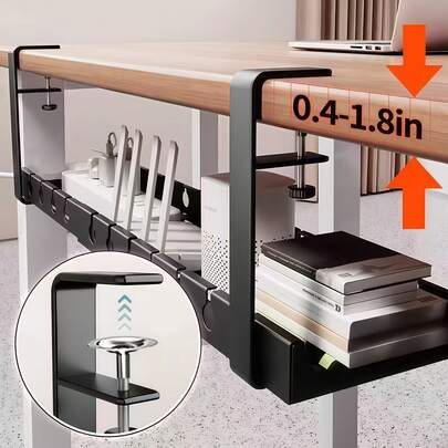 1 Adjustable Thickened Metal Under-Desk Storage Tray |   100LBS Load-Bearing Power Socket Bracket, Hidden Cable Channel, Router/Data Cable Clip, Home Desktop/Drawer Storage, Carbon Steel Material, Black And White Color