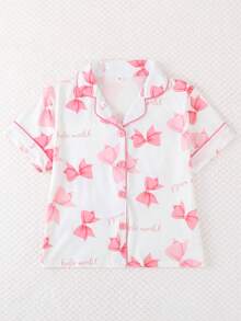 3件套女童休闲蝴蝶结印花Polo领短袖开衫、短裤和长裤睡衣套装，阻燃，四季皆宜 - 白色 - 查看 3