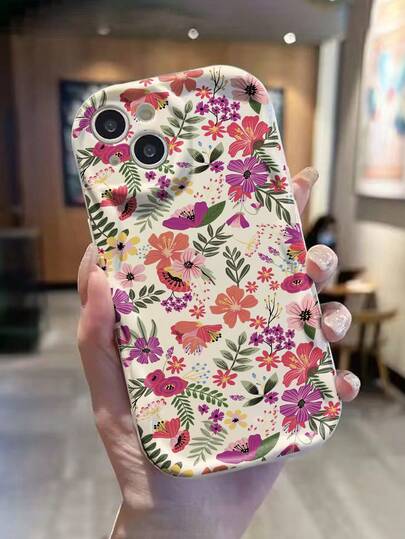 花卉彩绘奶油色波浪边极简防震加厚手机保护壳，兼容 17/17 Pro/15/16 Pro Max XR/7/8 15 Pro Max/12 Pro Max/13 Pro Max/14 Pro Max 13 14 11 12P 14 11P 12P XS XR 7 8P 7 8 GES2，适用于 A13 4G A22 A21S A51 4G A52 S22 Ultra A33 5G，兼容 Redmi 10、Redmi Note 11 4G、Redmi 11 Lite A53 TPU A14/A23/S23 Ultra S24 A14 A15 S23 A73 等 Redmi 手机壳