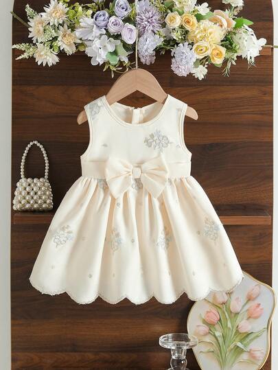 Baby Girls' Cute & Elegant Round Neck Sleeveless 3D Bow Back Half-Zip A-Line Princess Dress, Fashion Versatile Casual Princess Style Outfit, Baby Girl Birthday Gift, Spring/Summer, Suitable For Party, Gathering, Daily Wear