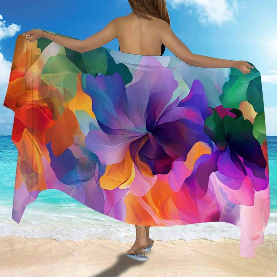1pc Beach Towel & Skirt In Orange, Purple, Blue, Green, Pink - Vibrant Floral Pattern, Elegant Drape, Swimsuit Coverup, Summer Wardrobe, Poolside Coverup, Vacation Accessory - 彩色 - 查看 1