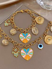 مجموعة قلادة وسوار قابلة للتعديل بتميمة قلب محظوظ بوهيمي للنساء، مطلي بالذهب عيار 18 قيراط من الفولاذ المقاوم للصدأ مع خرز أكريليك وتعاويذ عين الشر والخف، مناسبة لعيد الحب، الحفلات، الحفلات الراقية، الاستخدام اليومي، المواعدة، مهرجانات الموسيقى، العطلات، أعياد الميلاد، هدية رمزية أنيقة - متعدد الألوان - مشاهدة 10