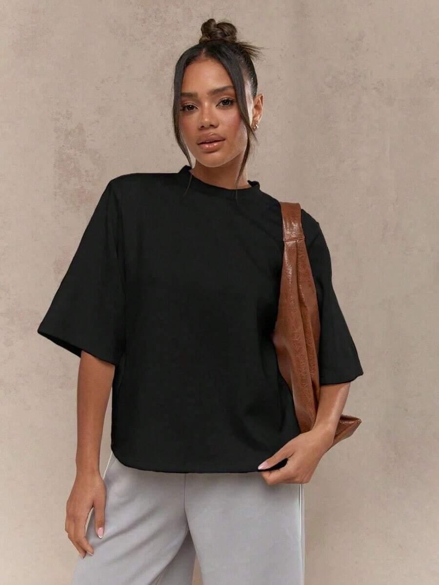 Valentine Outfits For WomenMISSGUIDED Oversized T Shirt Mock Neck Wide Half Sleeve Boxy Fit Casual Office Weekend Fall Winter Fashion Minimalist Vers - 黑色 - 查看 1