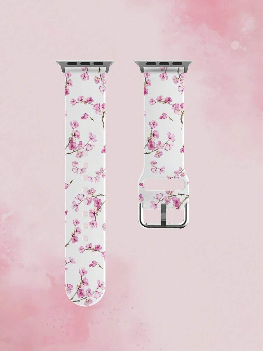 1pc Soft Elastic Breathable Cherry Blossom Pattern Replacement Watch Band Strap Compatible With Samsung, Garmin, Honor Smartwatches, 38mm 40mm 41mm 45mm 44mm 42mm 46mm 49mm, Fashionable Casual Silicone Watch Strap Compatible With Apple Watch Ultra SE/11/10/9/8/7/6/5/4/3/2/1 - Multicolor - View 1
