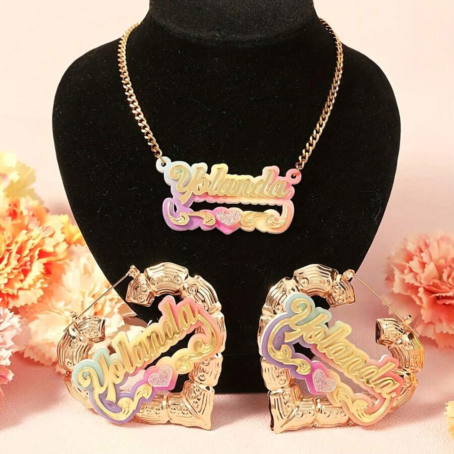 2pcs Customized Acrylic Name Necklace/Earrings Set, Rainbow Gradient & Heart Design, Cute Personalized Creative Birthday Gift, Includes English Letter Label, 50mm Heart Bamboo Knot And 17.72 Inch Curb Chain - 50mm Bamboo/Cuban Chain 17.72 Inch - Rainbow Gradient - View 1