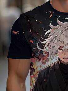 Men's 3D Anime Character T-Shirt - Full-Body Print Short Sleeve Shirt With Full-Color Anime Artwork, Lightweight Comfortable Round Neck Summer Casual Wear, Durable Black Base With Colorful Anime Design For Themed Outfits - 黑色 - 查看 4