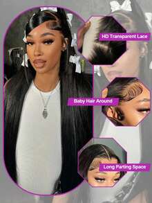 26 Inch Lace Front Wigs Human Frontal Hair Pre Plucked Straight Brazilian 5x5 Glueless Pre Cut Put And On 13x4 Lace Front 1B Natural Black Blended Hair Wigs Lace Frontal 200% Density Wigs For Women Party Daily Life - Natural & Black - View 4