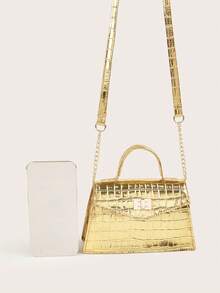 1pc Metallic PU Crocodile Embossed Handbag, Fashionable Elegant Shiny Gold/Silver Eid Gift, Eid Mubarak Accessory Crossbody Bag - Metallic Gloss - View 8