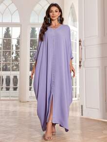 Women's Elegant Long Dress With Crystal Bat Wing Sleeves, Light Purple, Suitable For Vacation - Mauve Purple - View 2