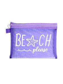 多色防水時尚網格海灘包，印有「Beach Please」彩色圖案、海灘主題、海星與波浪圖案。大容量透明化妝包，尼龍拉鍊盥洗包，輕巧，可裝防曬乳、零食、比基尼和海灘必需品。多色可選 - 彩色 - 查看 9