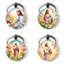 “复活节耶稣钥匙扣 - 2D 平面玻璃时光宝石，带有复活蛋和羔羊图案，复活节基督教宗教礼物，他已复活纪念品” - 彩色 - 查看 3