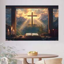 1 Piece Inspirational Christian Backdrop With, Mountains, Candles, Open Bible, Rays, Clouds And Forest Scenery  Durable Polyester Fabric Baptism, First, Tailgate Party, Photography  No Electricity Required - 彩色 - 查看 5