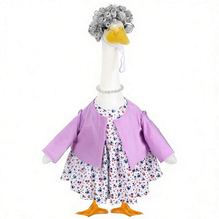 Old Lady Costume Outfit For Porch Goose Statue Glasses Curly Wig Floral Print Dress Cardign And Pearl Necklace Set - 5件 - 查看 1