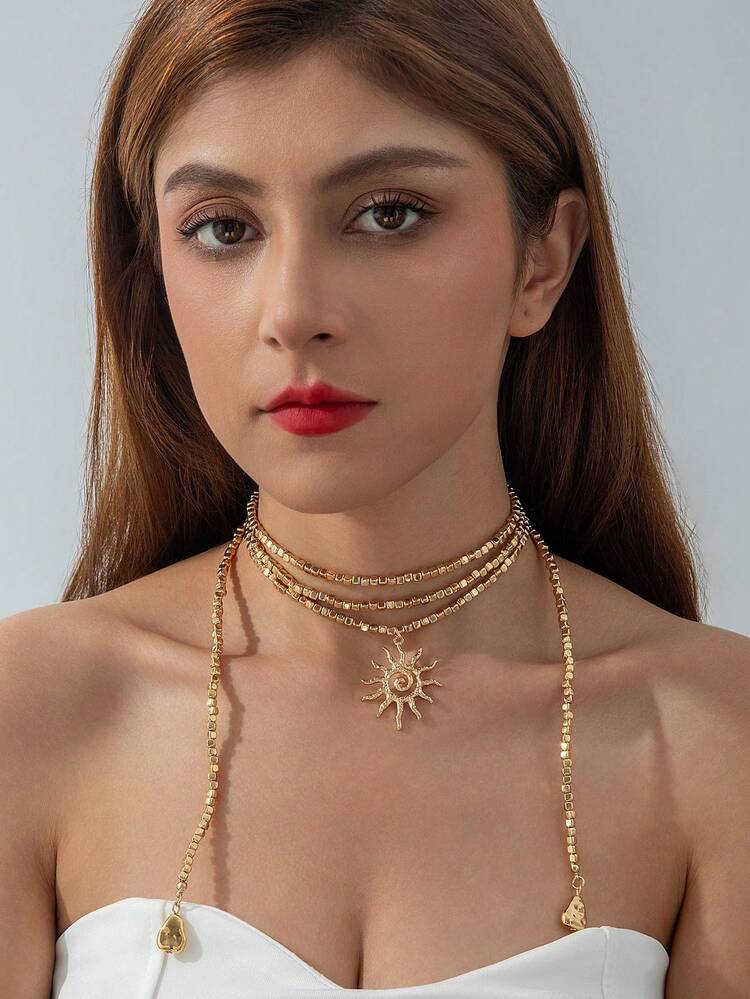 1条嘻哈风不规则CBB串珠合金向日葵项链，适合女性日常、派对和度假佩戴，可作为珠宝礼物 - 30725-nek-G-2-EP - 查看 2