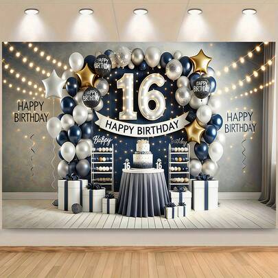 一款个性化的16岁生日快乐时尚酷炫银蓝色星光灯背景幕布，多功能派对地毯装饰，适用于家居装饰，适合各种场合、生日派对和节日派对。
