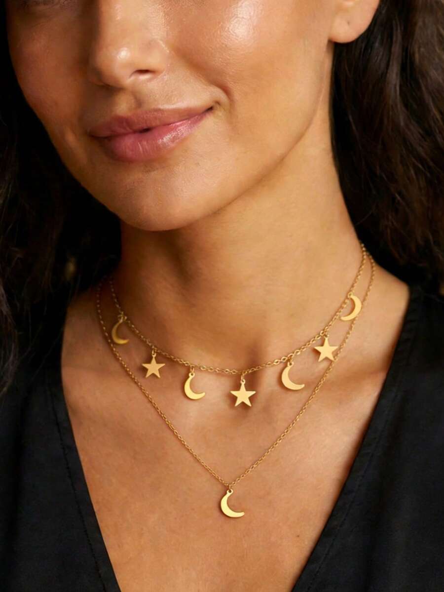 1件新款创意极简星月新月流苏项链 - 金黃色 - 查看 1