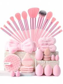 33PCS Pro-Grade Complete Makeup Set: 13PCS Dense Makeup Brushes + Replacement Sponges/Puffs + Cleansing Sponge – Perfect For Full-Face Glam & Stock-Up - Pink - View 12