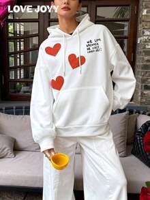 LOVE JOYY Women's Drawstring Hooded Sweatshirt With Pockets, Casual & Comfortable, Heart & Letter Graphic, Suitable For Spring Parties And Daily Outings, White Top - White - View 4