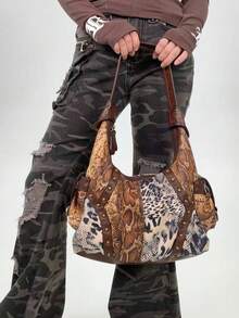 Y2K 个性化豹纹女士摩托车手提包，复古拼接铆钉镶嵌，时尚日常手提包，适合日常使用、聚会、通勤和旅行，是品味高雅的节日时尚礼物。 - 棕色 - 查看 3