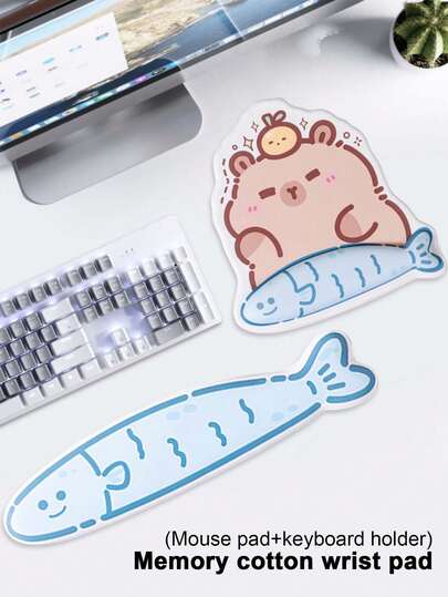 鲤鱼巴拉懒人卡通护腕套装 | 护腕鼠标垫/键盘腕托，牛奶丝面料+记忆海绵填充，耐磨易清洁，保护手腕，适用于办公、游戏，底部防滑橡胶