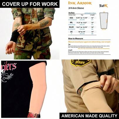 Tat2X Ink Armor Premium 3/4 Arm Tattoo Cover Up Sleeve - Slip Gripper - U.S. Made - Light - ML Single Arm/Elbow Sleeve